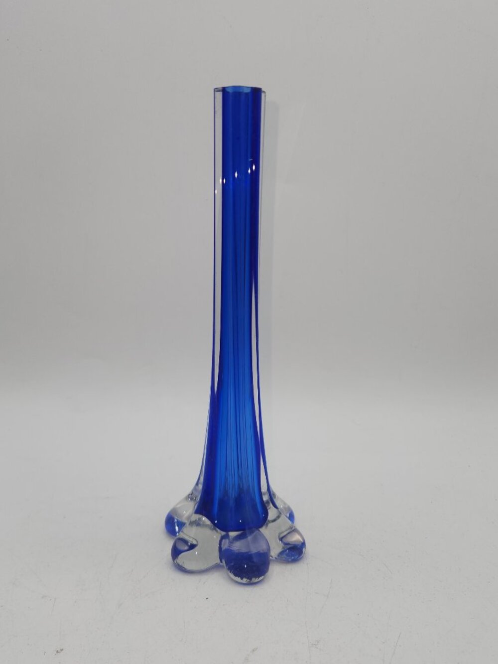 Vintage Vase MCM Clear/Cobalt Blue Elephant Foot Glass Vase 8" Tall